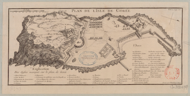 Plan de l'île de Gorée au début du XVIIIe siècle Plan de l'île de Gorée au début du XVIIIe siècle